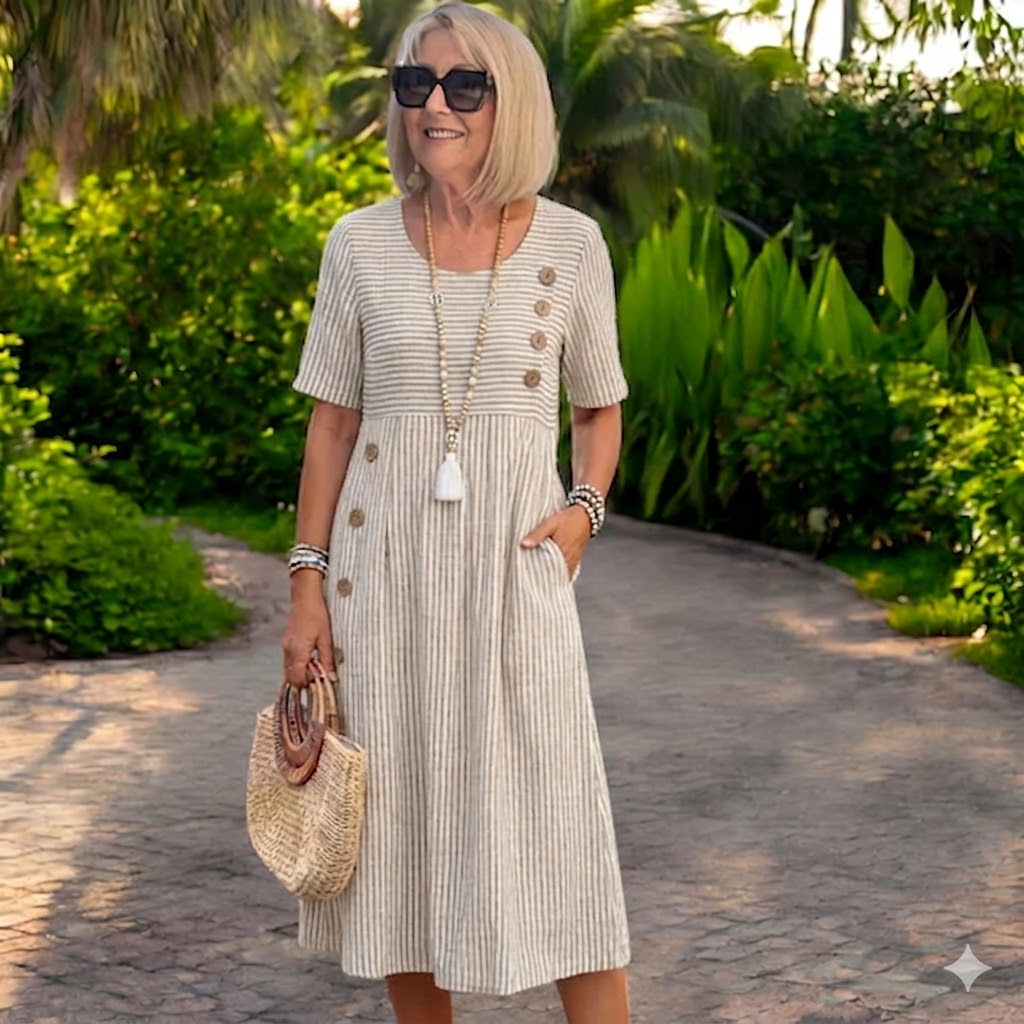 👗🏕️【S-2XL】Rochie midi cu dungi, ușoară și vaporoasă