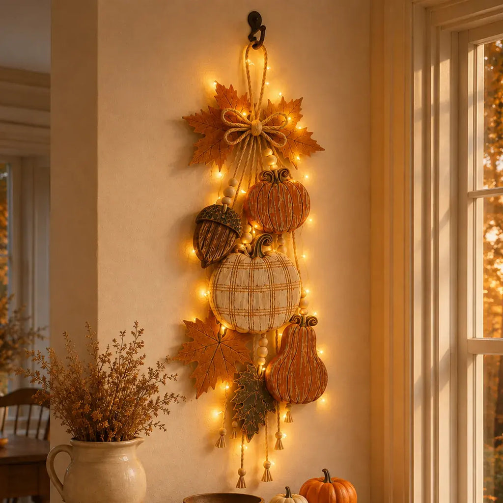 Decorațiune Suspendată Rustică cu Dovleci și Lumini LED – Ornament de Toamnă pentru Ușă, Perete sau Grădină 🎃🍂