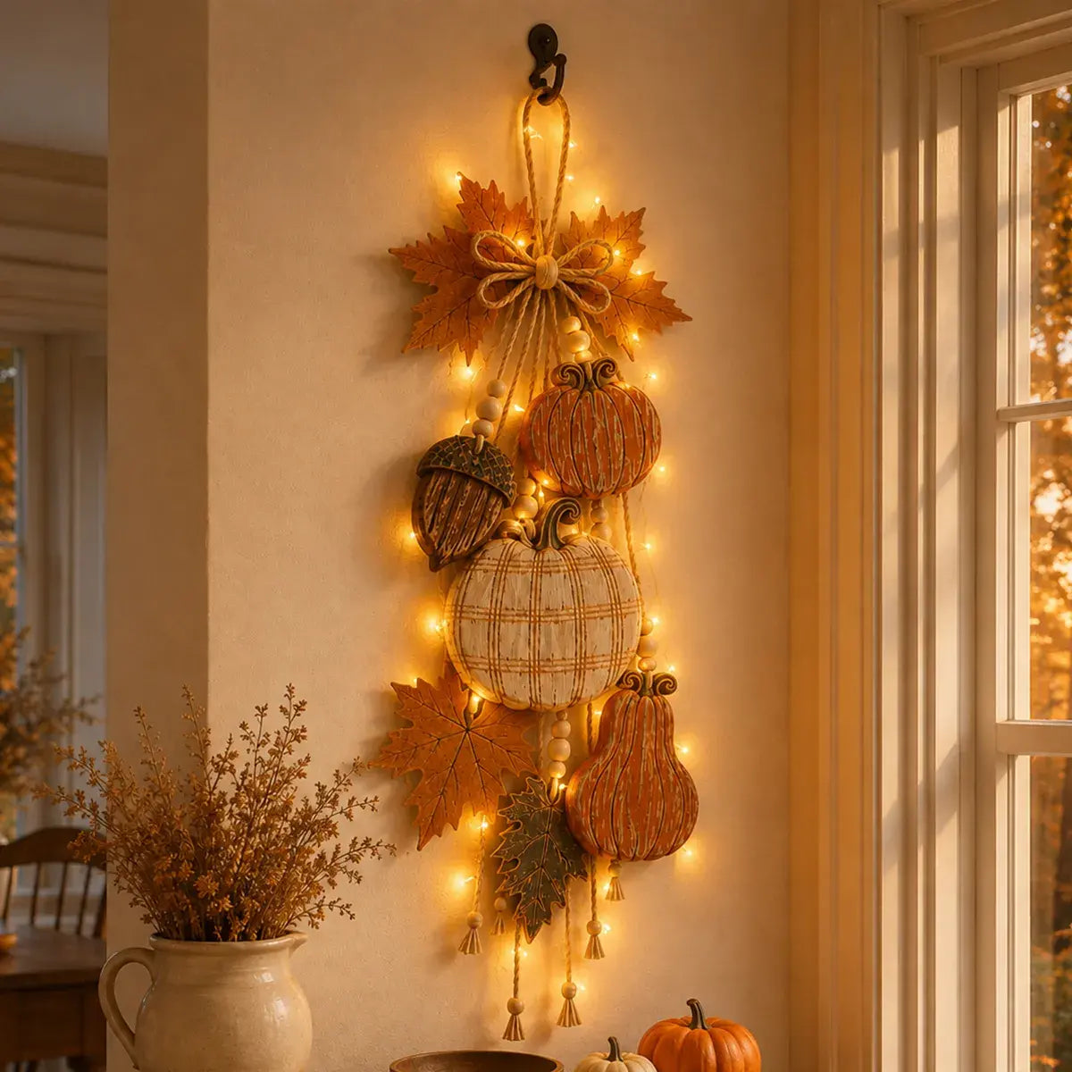 Decorațiune Suspendată Rustică cu Dovleci și Lumini LED – Ornament de Toamnă pentru Ușă, Perete sau Grădină 🎃🍂