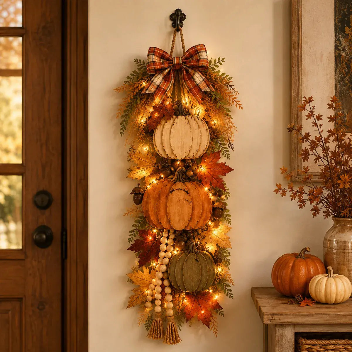 Decorațiune Suspendată Rustică cu Dovleci și Lumini LED – Ornament de Toamnă pentru Ușă, Perete sau Grădină 🎃🍂