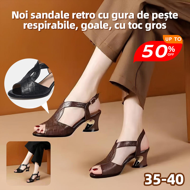 👠【35～40】Noi sandale retro cu gura de pește, respirabile, goale, cu toc gros