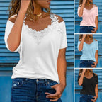 💖🌈【S-5XL】 Noutate de vară 2025 Tricou din bumbac cu dantelă, mânecă scurtă și decolteu în V