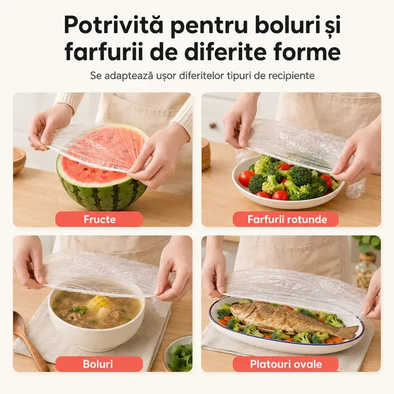 Set Huse Elastice Alimentare Proaspete cu Dozator Suspendabil – Protecții Reutilizabile/De Unică Folosință pentru Boluri și Farfurii (Pachet Mare 300 Bucăți) 🥑✨