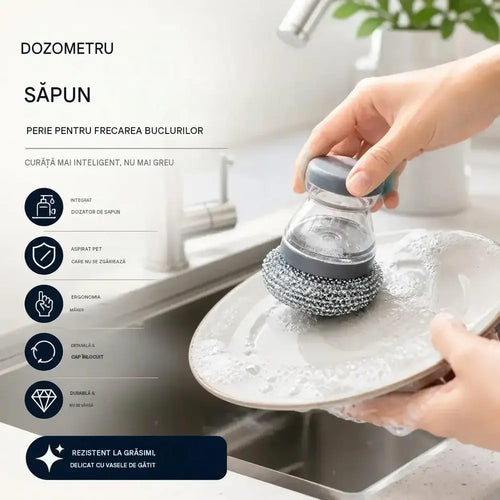 Perie de curățare multifuncțională cu dozator de săpun, 1 cutie cu dozator de săpun, 2 perii cu bile