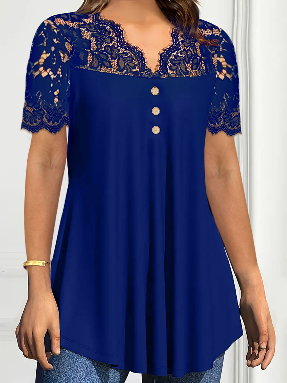 🔥【S-2XL】💖🎁Top nou din dantelă cu decolteu în V și mâneci scurte pentru primăvara/vara 2026