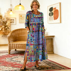 💟【S-5XL】Rochie de damă din bumbac cu imprimeu etnic și patchwork, cu bordură din dantelă