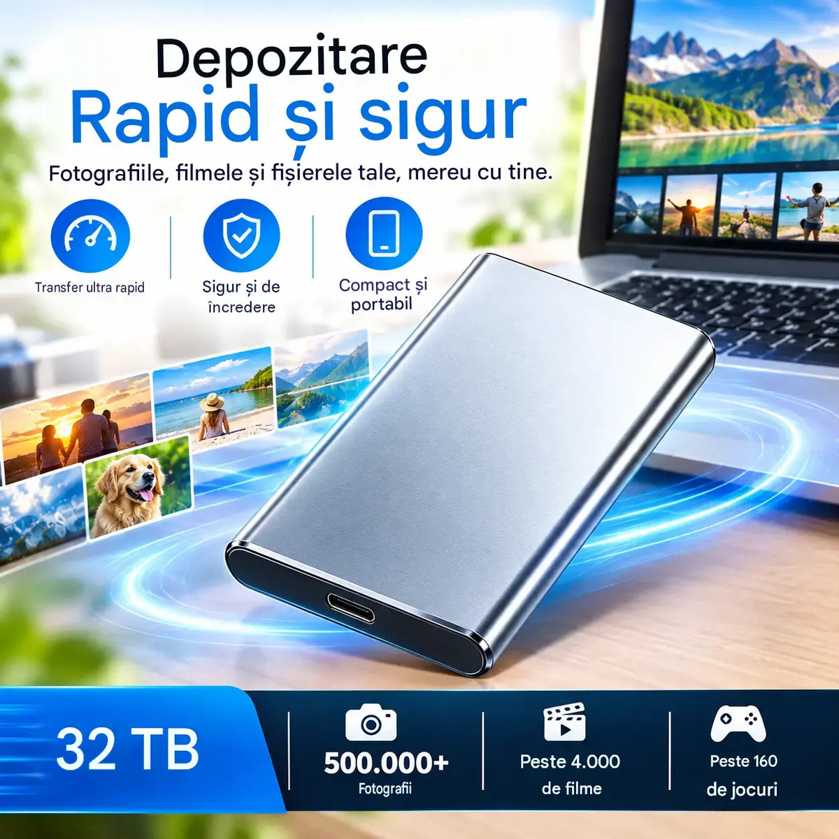 ⚡【32TB】💾 SSD (Unitate Stare Solidă) Ultra-Subțire de Nouă Generație | Capacitate Mare și Viteză Ridicată | Stocare Portabilă 🚀