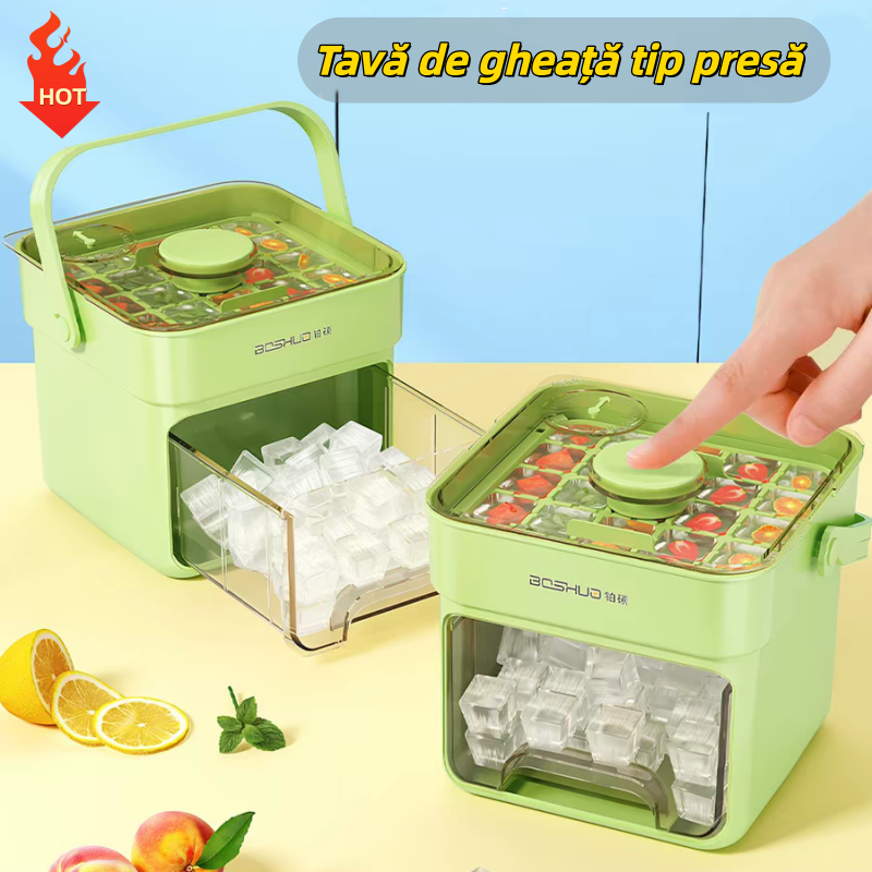 【50 de tăvițe pentru cuburi de gheață】🧊Preparare rapidă a gheții ✨ Aparat de gheață + Cutie de depozitare a gheții + Lingură pentru gheață