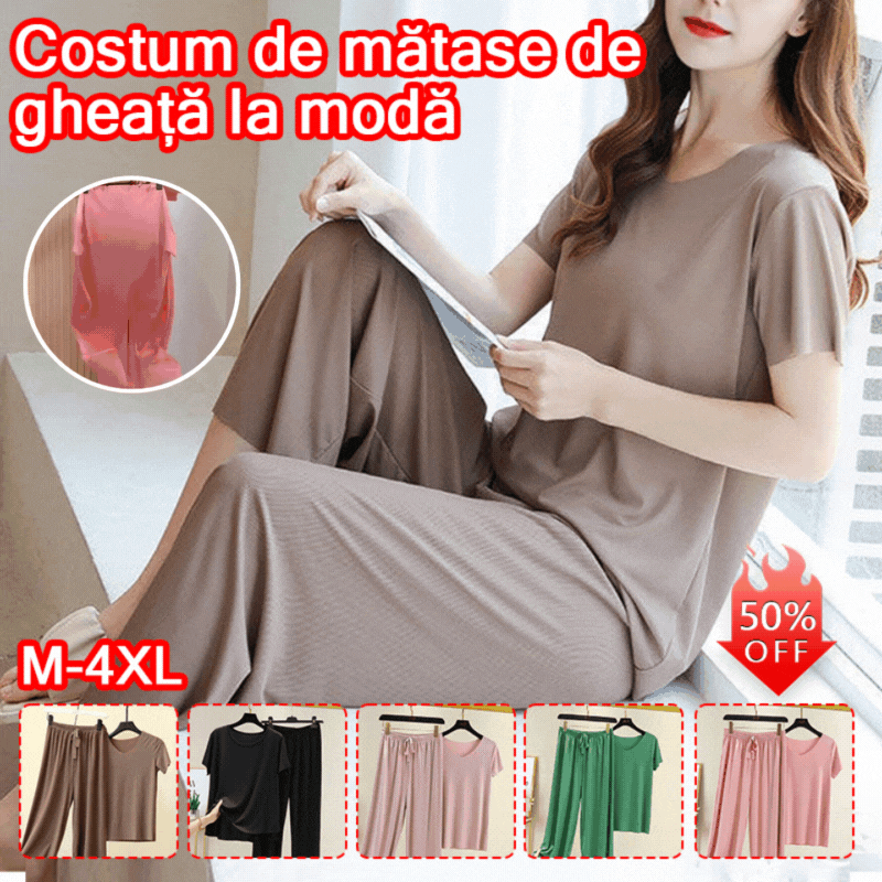 🏆【Cumpără 1 și primești 1 gratuit】【M-4XL】Costum din două piese, pantaloni cu mâneci scurte noi, din mătase de gheață