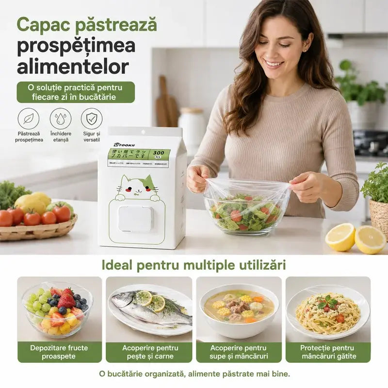 Set Huse Elastice Alimentare Proaspete cu Dozator Suspendabil – Protecții Reutilizabile/De Unică Folosință pentru Boluri și Farfurii (Pachet Mare 300 Bucăți) 🥑✨