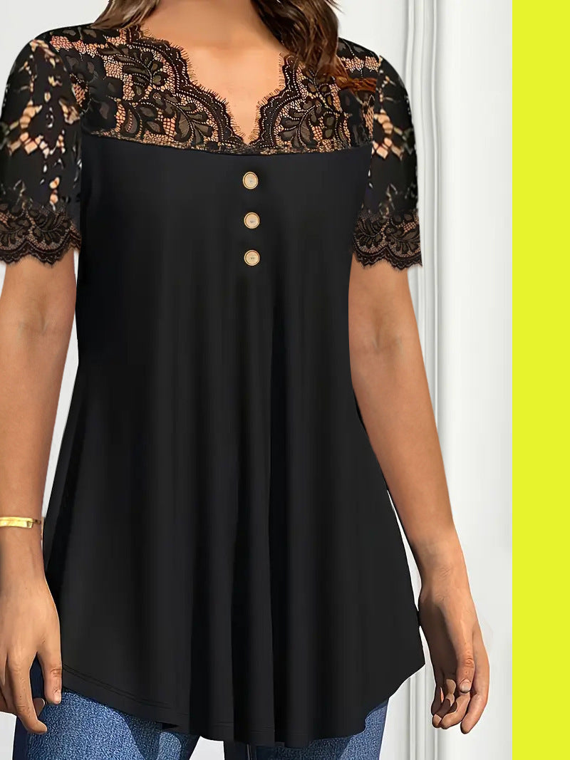 🔥【S-2XL】💖🎁Top nou din dantelă cu decolteu în V și mâneci scurte pentru primăvara/vara 2026