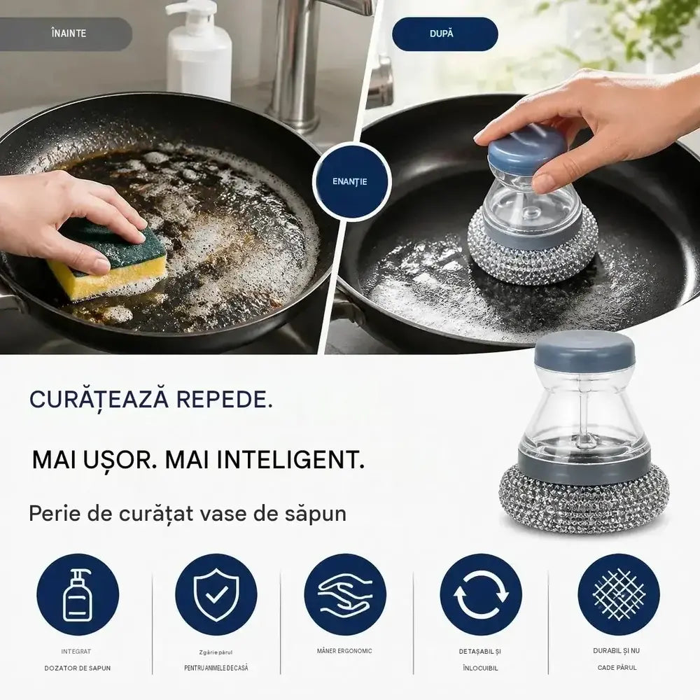 Perie de curățare multifuncțională cu dozator de săpun, 1 cutie cu dozator de săpun, 2 perii cu bile