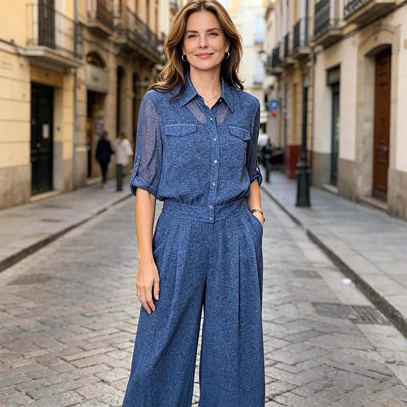 Set Elegant de Damă: Cămașă cu Textură Fină și Pantaloni Evazați, Stil Sophisticat, Croială cu Talie Înaltă