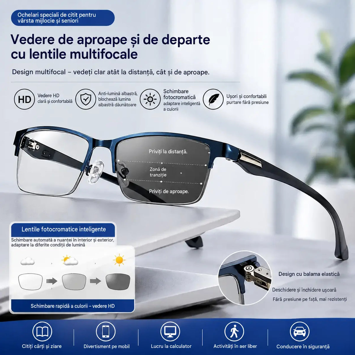 👓 Ochelari inteligenți multifocali, cu efect de mărire, lentile fotocromatice și protecție împotriva luminii albastre.