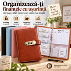 📓💰🔐 Un caiet protejat prin parolă este folosit pentru a stoca cecuri, numerar, carduri bancare și diverse chitanțe.