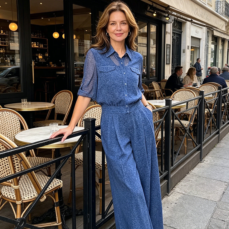 Set Elegant de Damă: Cămașă cu Textură Fină și Pantaloni Evazați, Stil Sophisticat, Croială cu Talie Înaltă