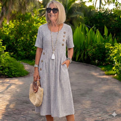👗🏕️【S-2XL】Rochie midi cu dungi, ușoară și vaporoasă