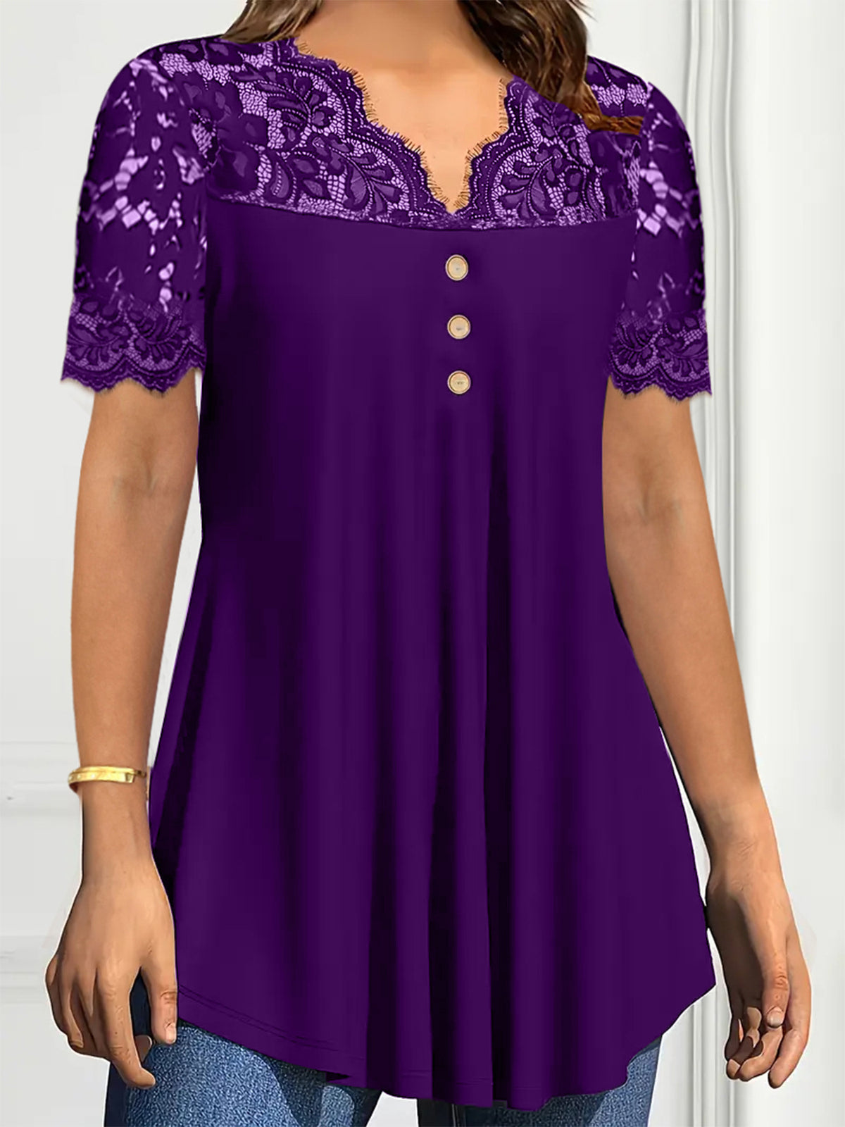 🔥【S-2XL】💖🎁Top nou din dantelă cu decolteu în V și mâneci scurte pentru primăvara/vara 2026