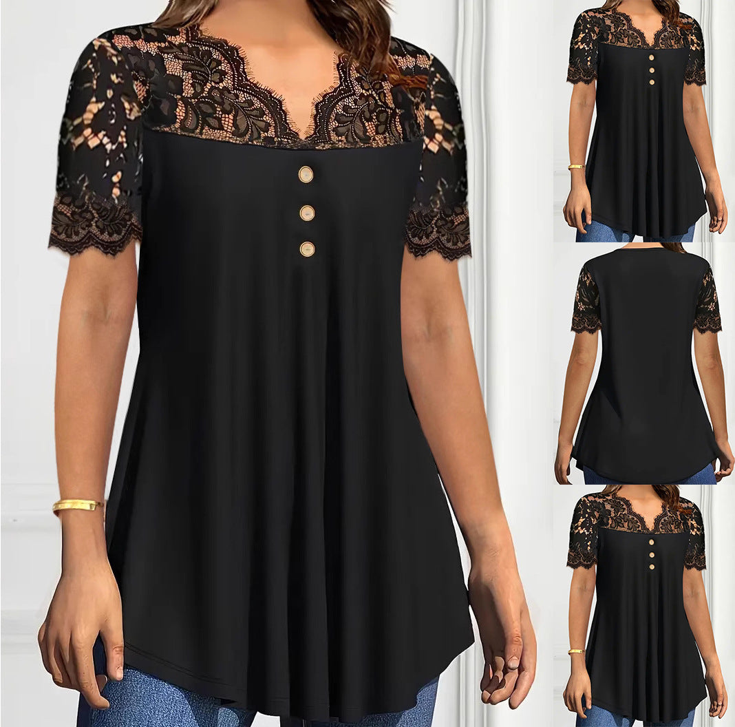🔥【S-2XL】💖🎁Top nou din dantelă cu decolteu în V și mâneci scurte pentru primăvara/vara 2026