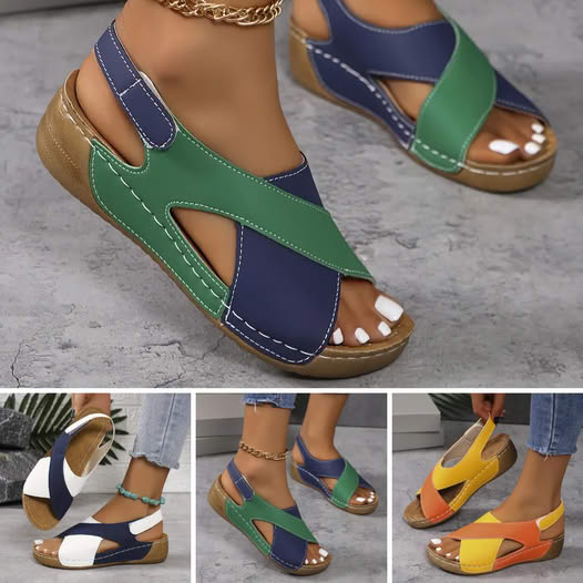 【36-43】 Sandale cu pană contrastante pentru femei Sandale confortabile cu curea la gleznă