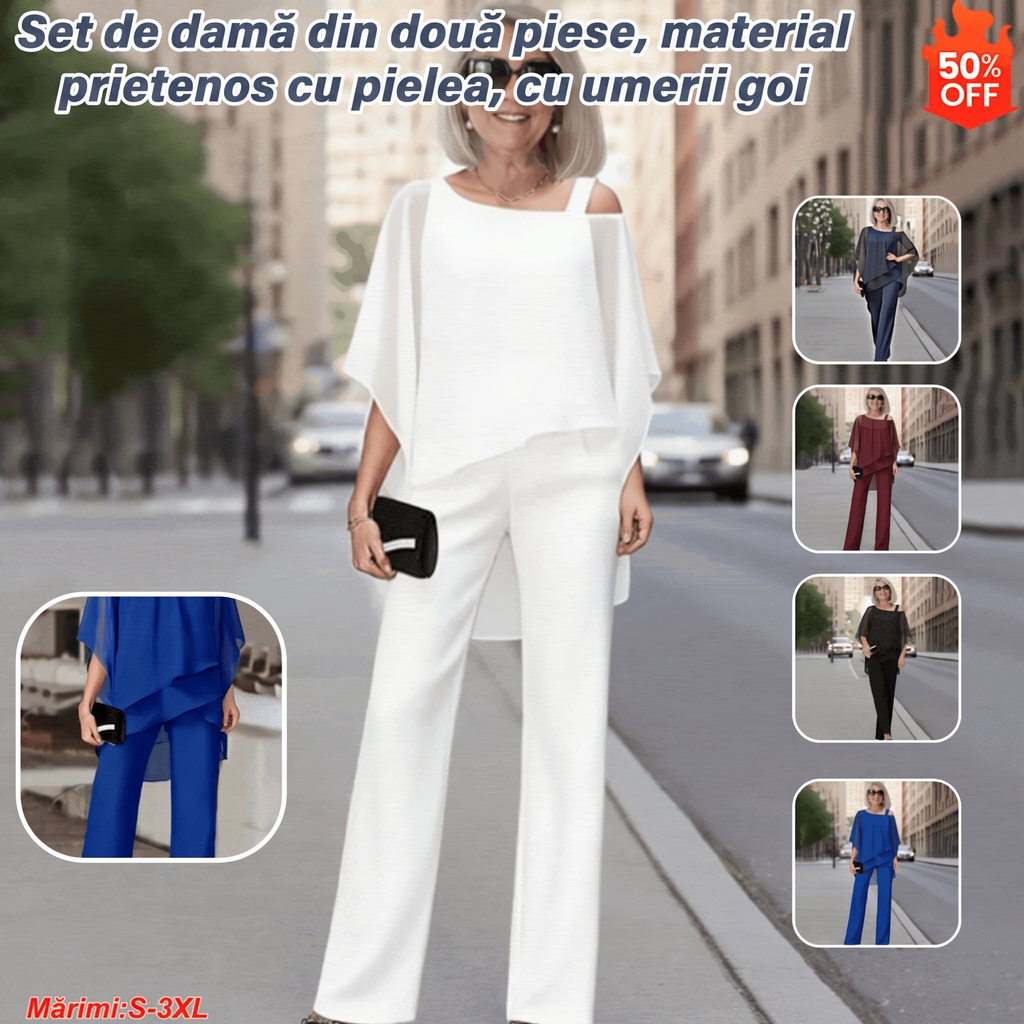 ⏳Al doilea produs la jumătate de preț⏰ Set din două piese pentru femei, prietenos cu pielea, cu umerii goi ✅【Top + pantaloni】【50-120 kg】