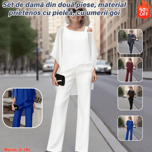 ⏳Al doilea produs la jumătate de preț⏰ Set din două piese pentru femei, prietenos cu pielea, cu umerii goi ✅【Top + pantaloni】【50-120 kg】