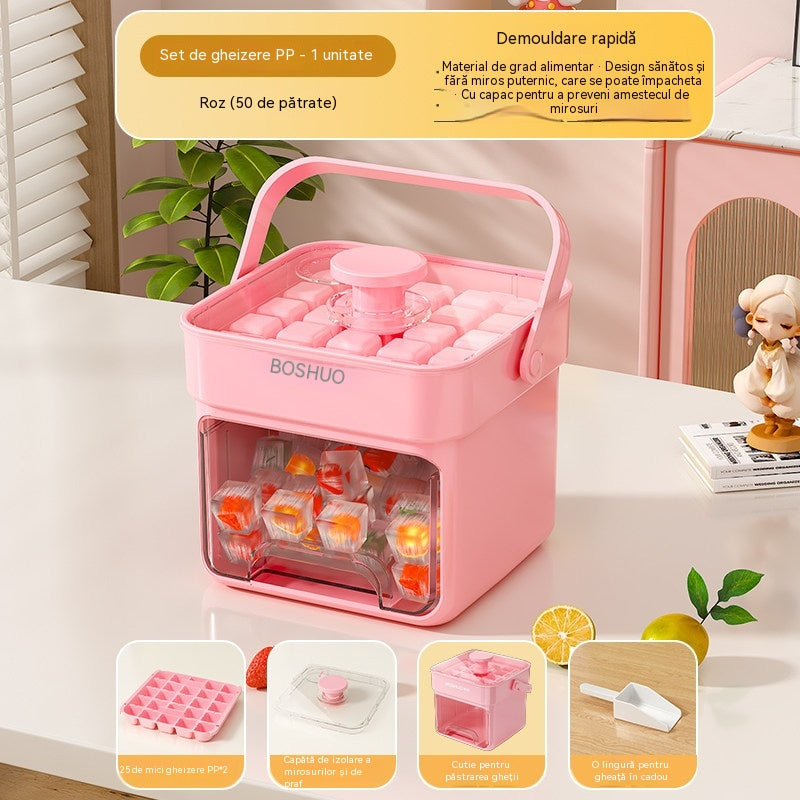 【50 de tăvițe pentru cuburi de gheață】🧊Preparare rapidă a gheții ✨ Aparat de gheață + Cutie de depozitare a gheții + Lingură pentru gheață