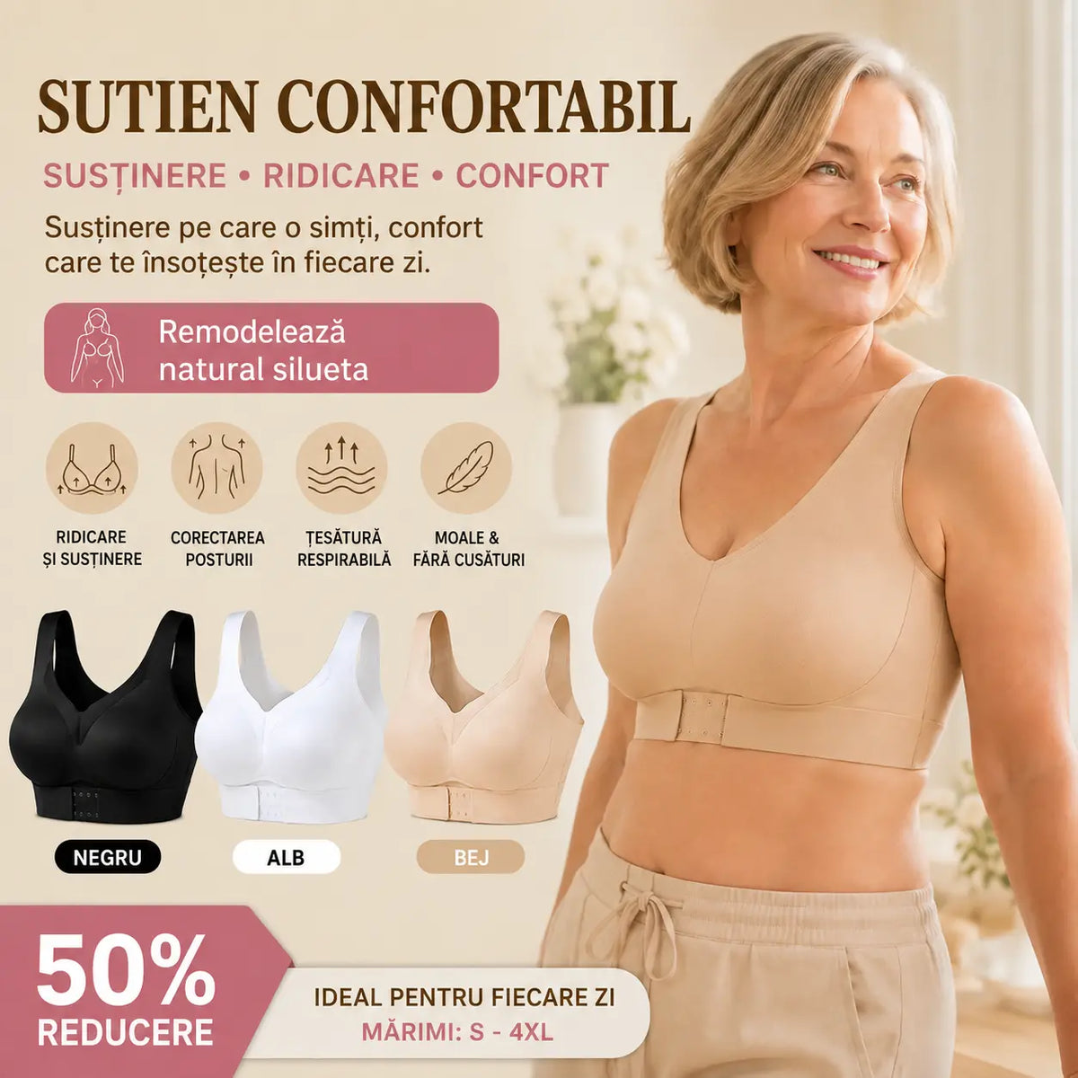 【✨Cumpără 1 și primești 2 gratis — pachet de 3 bucăți】Sutien modelator pentru femei, ajută la corectarea liniei spatelui 💋