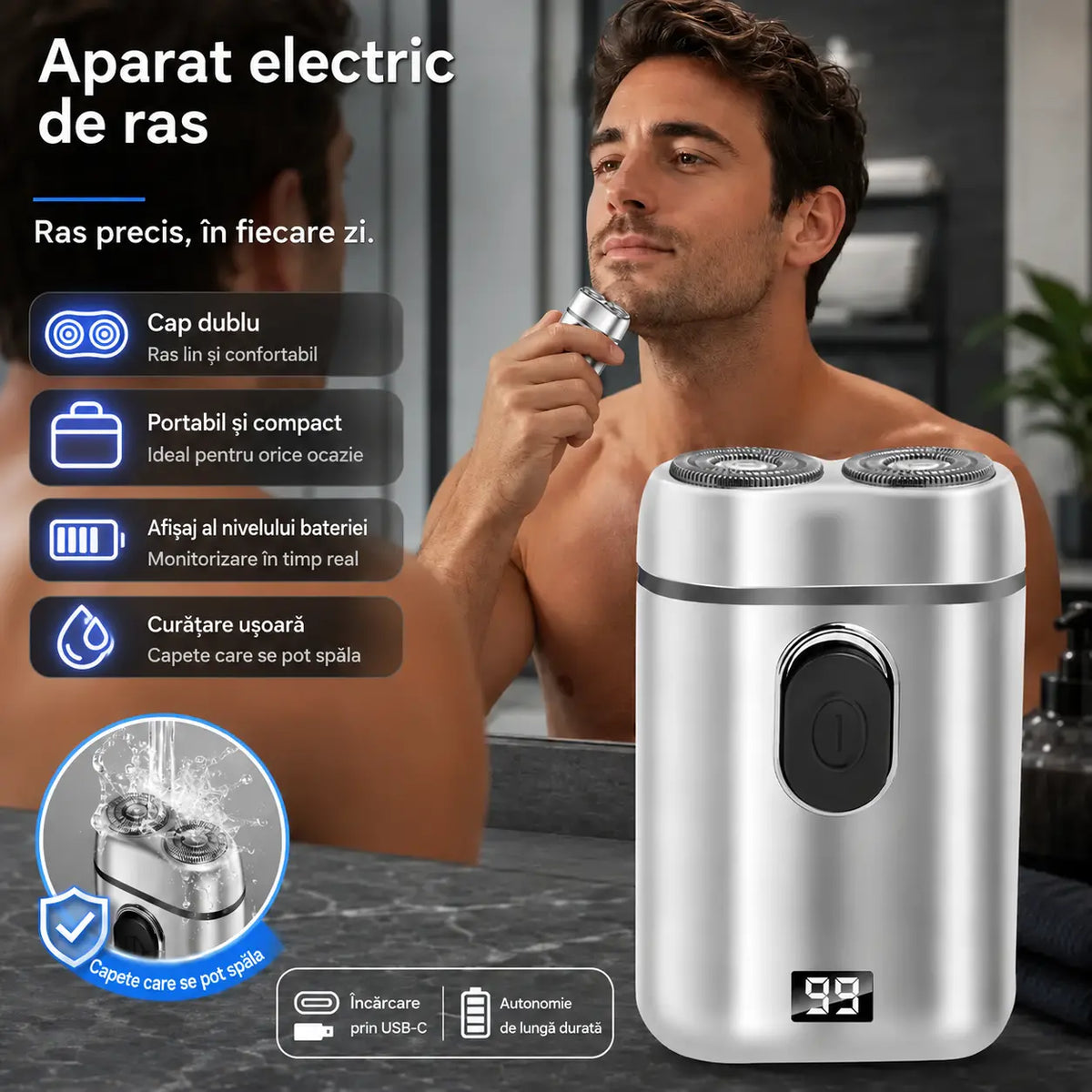 🔥 Doar astăzi -50%! Mini aparat de ras electric cu afișaj LED și lame duble