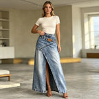 🥇【S-3XL】Fustă lungă din denim la modă, cu design cu șliț și curea în mai multe straturi