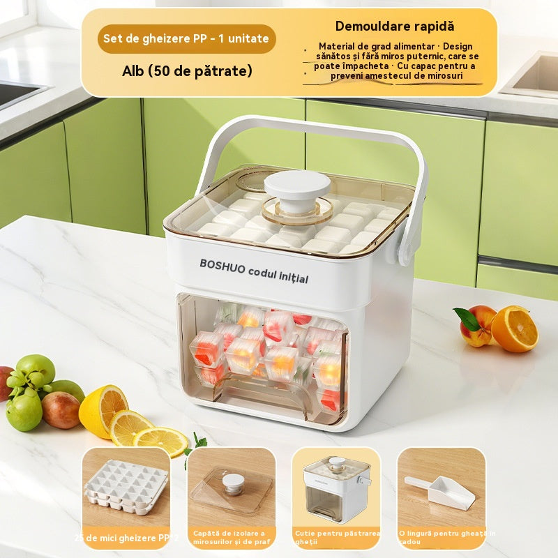 【50 de tăvițe pentru cuburi de gheață】🧊Preparare rapidă a gheții ✨ Aparat de gheață + Cutie de depozitare a gheții + Lingură pentru gheață