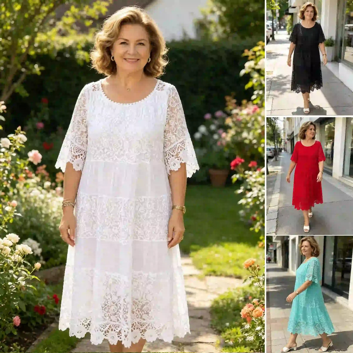 ✨✨【S-5XL】Rochie tricou nouă cu mânecă scurtă, cu gât rotund, din dantelă