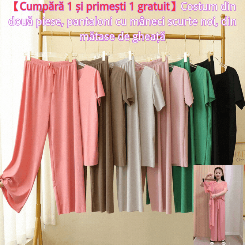🏆【Cumpără 1 și primești 1 gratuit】【M-4XL】Costum din două piese, pantaloni cu mâneci scurte noi, din mătase de gheață