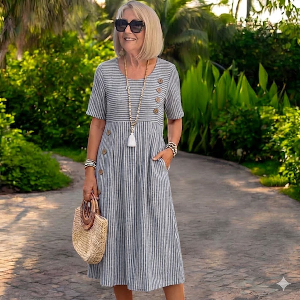 👗🏕️【S-2XL】Rochie midi cu dungi, ușoară și vaporoasă