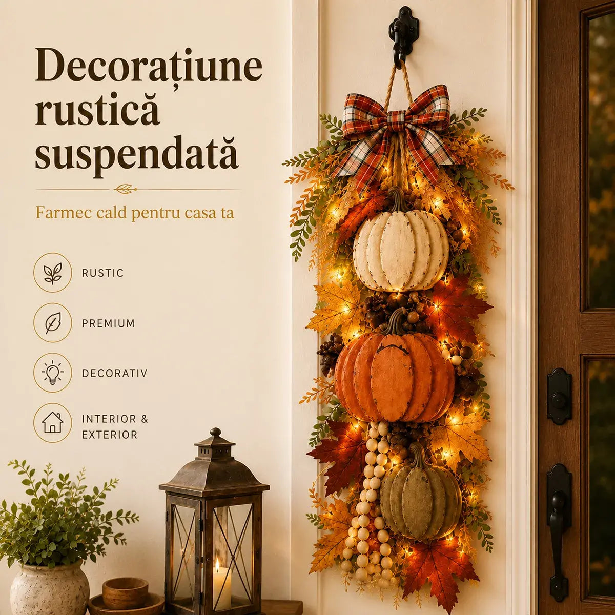 Decorațiune Suspendată Rustică cu Dovleci și Lumini LED – Ornament de Toamnă pentru Ușă, Perete sau Grădină 🎃🍂