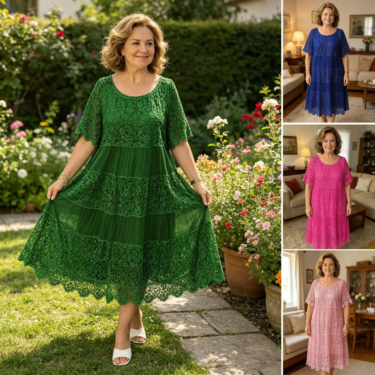 ✨✨【S-5XL】Rochie tricou nouă cu mânecă scurtă, cu gât rotund, din dantelă