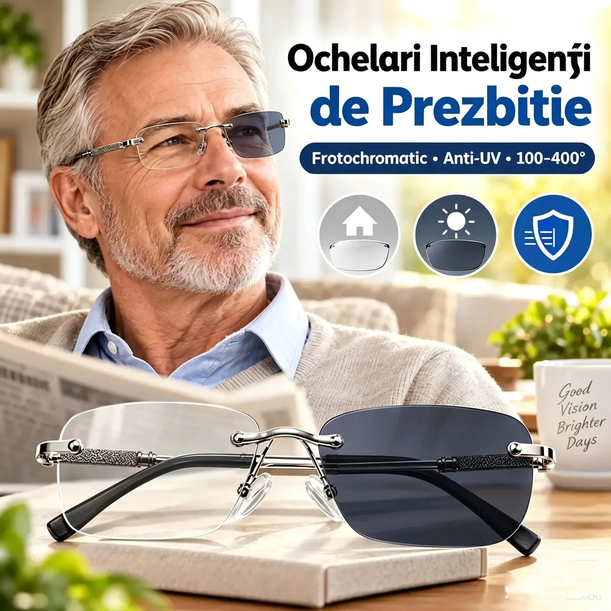 👓 Ochelari inteligenți de citit pentru persoanele de vârstă mijlocie și înaintată — mărire, lentile multifocale, fotochromism și protecție împotriva luminii albastre.