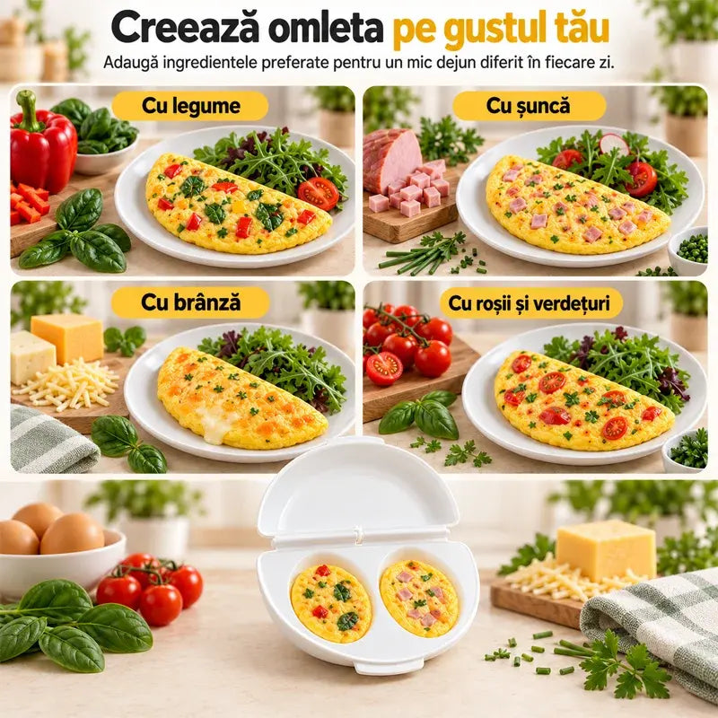🍳 Mic Dejun Perfect în Doar Câteva Minute! Formă pentru Omletă la Cuptorul cu Microunde 🥚 | 2 Compartimente · Material Antiaderent Alimentar · Balamale Detasabile pentru Curățare Ușoară · Preparare Rapidă Fără Ulei