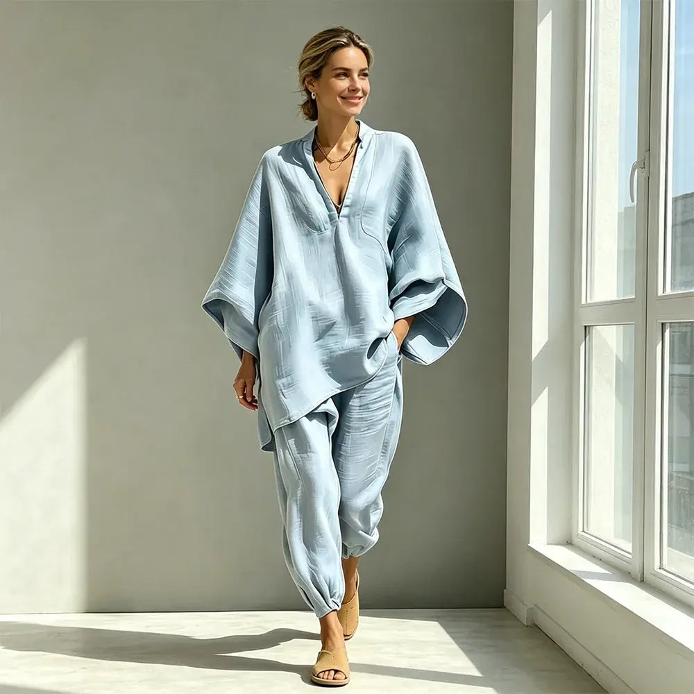 【S-3XL】👗 Set cu decolteu lejer și linie largă, mâneci tip liliac, design casual, croială lejeră, ideal pentru purtare zilnică - confortabil și versatil ✨🌸