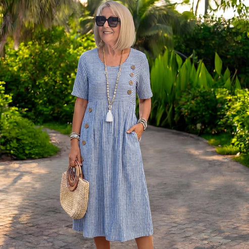 👗🏕️【S-2XL】Rochie midi cu dungi, ușoară și vaporoasă