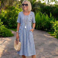 👗🏕️【S-2XL】Rochie midi cu dungi, ușoară și vaporoasă
