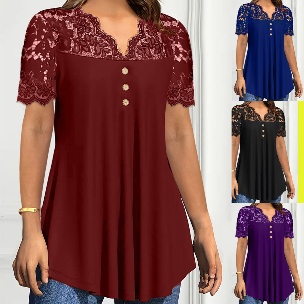 🔥【S-2XL】💖🎁Top nou din dantelă cu decolteu în V și mâneci scurte pentru primăvara/vara 2026
